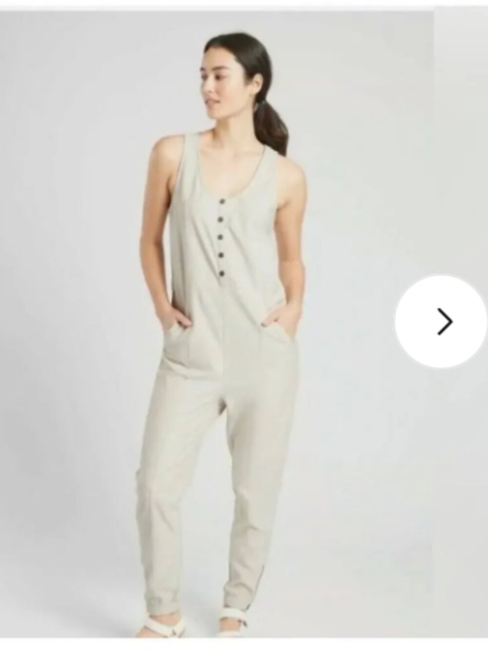 Athleta Farallon Sleeveless Cream Jumpsuit with Snap Front and Tie Waist size 8